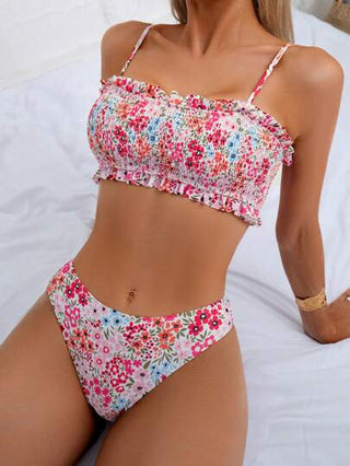 طقم تانكيني حريمي Swim Mod مجموعة بيكيني من قطعتين مع أربطة قابلة للتعديل وأكتاف مكشكشة وطبعات زهور صغيرة، أنيق لموسم الربيع والصيف والمنتجعات الشاطئية