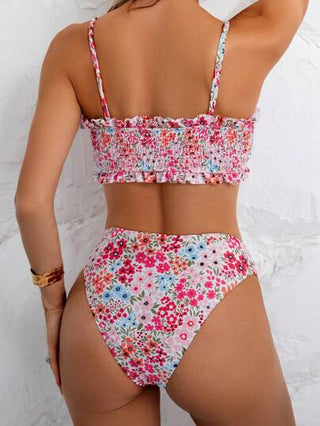 طقم تانكيني حريمي Swim Mod مجموعة بيكيني من قطعتين مع أربطة قابلة للتعديل وأكتاف مكشكشة وطبعات زهور صغيرة، أنيق لموسم الربيع والصيف والمنتجعات الشاطئية