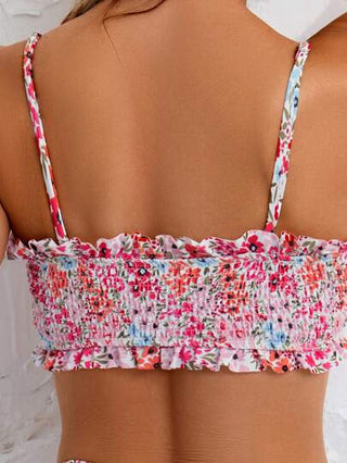 طقم تانكيني حريمي Swim Mod مجموعة بيكيني من قطعتين مع أربطة قابلة للتعديل وأكتاف مكشكشة وطبعات زهور صغيرة، أنيق لموسم الربيع والصيف والمنتجعات الشاطئية
