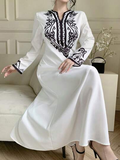 Joudiya فستان أنيق بأكمام طويلة وياقة على شكل حرف V مطبوع بطبعة زهرية للنساء للعطلات