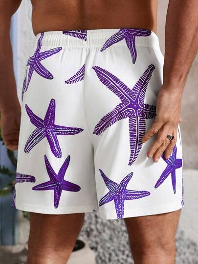 Manfinity Swimmode شورت شاطئ بخصر رباط مطبوع بنجوم البحر مع جيوب للرجال، بلوحة هاواي