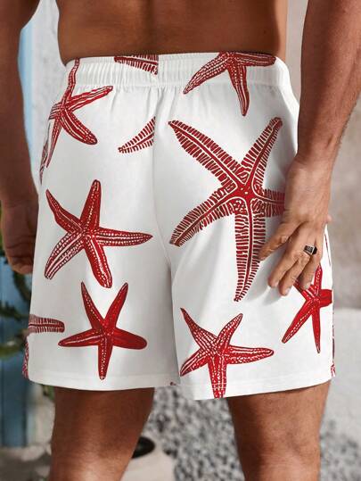 Manfinity Swimmode شورتات شاطئ كاجوال للرجال مطبوعة بنجوم البحر، بدلات سباحة للرجال، بدلات سباحة للرجال، شاطئ وهاواي