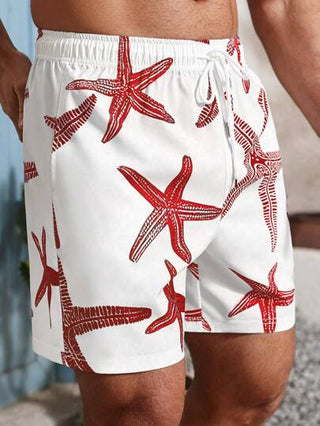 Manfinity Swimmode شورتات شاطئ كاجوال للرجال مطبوعة بنجوم البحر، بدلات سباحة للرجال، بدلات سباحة للرجال، شاطئ وهاواي