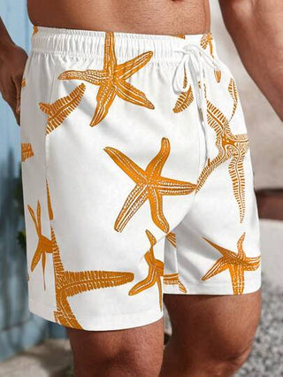 Manfinity Swimmode شورتات كاجوال رجالية للشاطىء مزينة بطبعة نجمة البحر، بدلة السباحة للرجال، ملابس شاطئ للرجال، شورتات السباحة الرجالية بطبعة هاواي