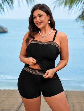 Swim Lushoire مجموعة مقاس كبير للنساء مكونة من 2 قطعة، ملابس علوية من البانديو بشريط من الترتر الأسود الأملس وسروال قصير ذو خصر عالي، تصميم أنيق للاستخدام اليومي، بفتك الخصر مناسب للبنية الممتلئة، ملابس سباحة تانكيني جذابة