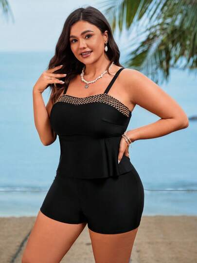 Swim Lushoire مجموعة مقاس كبير للنساء مكونة من 2 قطعة، ملابس علوية من البانديو بشريط من الترتر الأسود الأملس وسروال قصير ذو خصر عالي، تصميم أنيق للاستخدام اليومي، بفتك الخصر مناسب للبنية الممتلئة، ملابس سباحة تانكيني جذابة