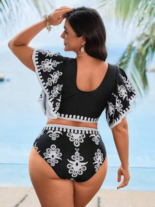 Swim Lushoire بكيني بقصة مثلثية للنساء بحجم كبير 2 قطعة ذو ملابس علوية عميق على شكل v ملفوف مع لون أبيض وأسود بأكمام قصيرة وخصر عالي، يخفي البطن ومناسب للاستخدام اليومي والعطلات