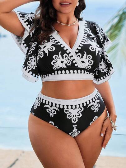 Swim Lushoire بكيني بقصة مثلثية للنساء بحجم كبير 2 قطعة ذو ملابس علوية عميق على شكل v ملفوف مع لون أبيض وأسود بأكمام قصيرة وخصر عالي، يخفي البطن ومناسب للاستخدام اليومي والعطلات