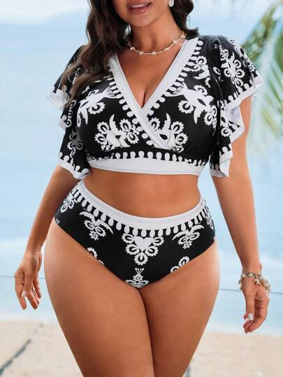 Swim Lushoire بكيني بقصة مثلثية للنساء بحجم كبير 2 قطعة ذو ملابس علوية عميق على شكل v ملفوف مع لون أبيض وأسود بأكمام قصيرة وخصر عالي، يخفي البطن ومناسب للاستخدام اليومي والعطلات