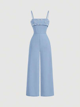 SHEIN MOD جمبسوت أنيقة للنساء مطرزة باللؤلؤ الفاخرة والبيج، قصة ضيقة واسعة الرجل، ملائمة للخروج والعمل والاحتفالات والحفلات والزفاف وحفلات الموسيقى