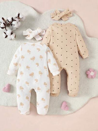 SHEIN 4 قطع حلة رومبر مطبوع بألوان نقاط وشكل القلب مع غطاء رأس فراشة، للأطفال الرضع البنات، بأكمام طويلة وسحاب، بدلة نوم ناعمة