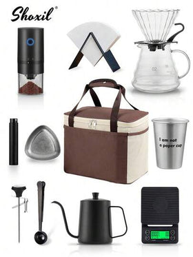 shoxil طقم قهوة، الحجم 02 طقم قهوة، طقم قهوة محمول للسفر والتخييم، أدوات ملحقات قهوة قطرة، طقم صانع قهوة بالصب مع حقيبة تخزين، هدايا عيد للعائلات والأصدقاء