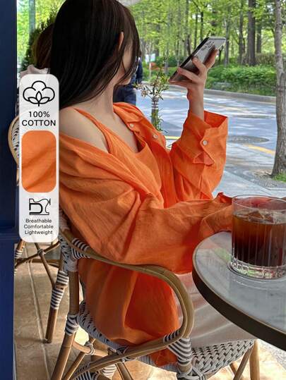طقم حريمي قطعتين DAZY مجموعة قميص بلوزة نسائية من قطعتين، بدون أكمام وآكمام طويلة، بلون برتقالي مشرق، للارتداء في العطلات والشاطئ ، للربيع/الصيف/الخريف