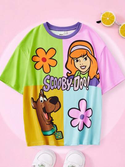 تيشيرتات بناتي SCOOBY-DOO X  تي شيرت كاجوال قصير الأكمام لفتاة المراهقة مزين بطباعة الكلاب الكرتونية والزهور الملونة للصيف