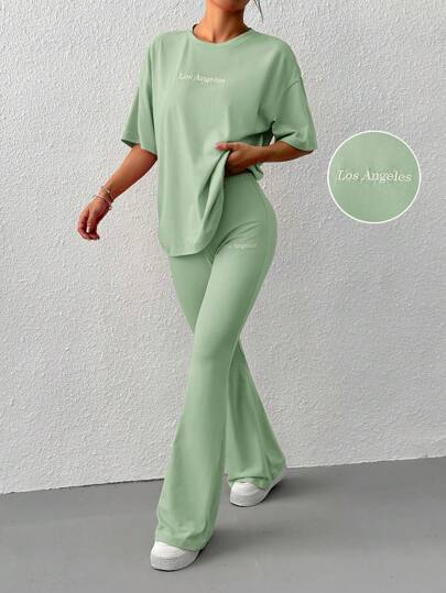 SHEIN EZwear بذلة بنطلون مطرز بنمط الحروف مع قصة منتفخة من اللون الأخضر الزيتوني المحبوك
