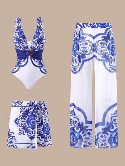 Swim Oasis مجموعة بدلة سباحة للنساء لعام 2025، مكونة من 3 قطع مطبوعة: بذلة سباحة قطعة واحدة، تنورة، وسراويل من الشبكة، مناسبة للعطلات والشاطئ في فصل الصيف