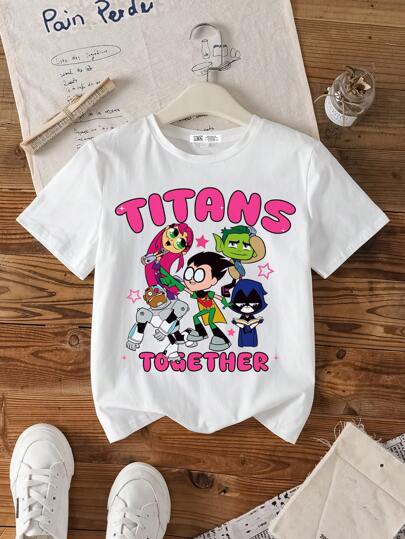تيشيرتات بناتي Teen Titans Go X  تي شيرت صيفي قصير الأكمام بطباعة كارتونية وحرفية لبنات في مرحلة المراهقة، بياقة طاقم أبيض