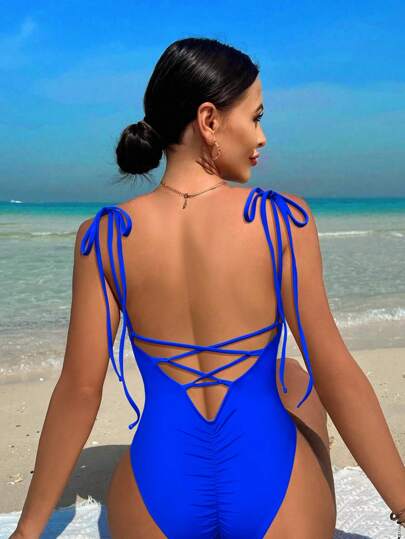 مايوه حريمي قطعة واحدة Swim Vcay قطعة واحدة من ملابس السباحة قطعة واحدة للنساء بأشرطة متقاطعة ظهر عاري لصيف الشاطئ