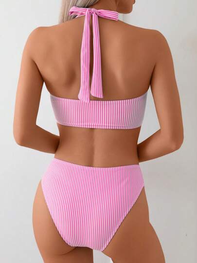 طقم تانكيني حريمي Swim Basics مجموعة تنكرية 2 قطعة للنساء لفصل الربيع، طبعة شريطية عشوائية مع تصميم متقاطع للخلف وقاعدة مناسبة للطقس الصيفي والشاطئ