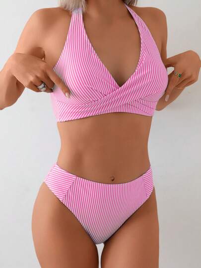 طقم تانكيني حريمي Swim Basics مجموعة تنكرية 2 قطعة للنساء لفصل الربيع، طبعة شريطية عشوائية مع تصميم متقاطع للخلف وقاعدة مناسبة للطقس الصيفي والشاطئ