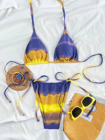 Swim Vcay 2 طقم/مجموعة للنساء، ملابس علوية كامي وشورت سباحة مربوط جانبي، طقم بيكيني ملون تدرجي، موضة الربيع