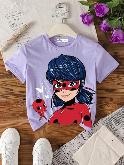 تيشيرتات بناتي Miraculous Ladybug X  تي شيرت كاجوال قصير الأكمام للفتيات المراهقات، ببطبعة شخصية كرتونية جذابة بالون البنفسجي، مناسب للصيف