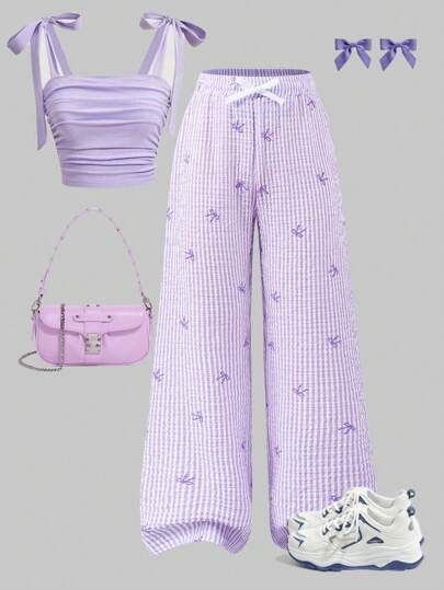 Sparklyn سروال فضفاض بخصر رباط ورجل واسع للفتيات ما قبل المراهقة، بنمط شريطي وطباعة فراشية وملمس متموج باللون الوردي