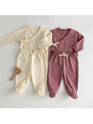 Loomiva 4 قطع مجموعة للطفل الرضيع البنات صمام موحد اللون ناعم وبتصميم كامل الأكمام طويلة وبنطلون الخصر المطاطي