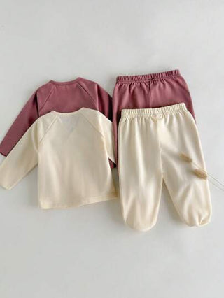 Loomiva 4 قطع مجموعة للطفل الرضيع البنات صمام موحد اللون ناعم وبتصميم كامل الأكمام طويلة وبنطلون الخصر المطاطي
