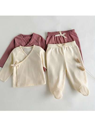 Loomiva 4 قطع مجموعة للطفل الرضيع البنات صمام موحد اللون ناعم وبتصميم كامل الأكمام طويلة وبنطلون الخصر المطاطي