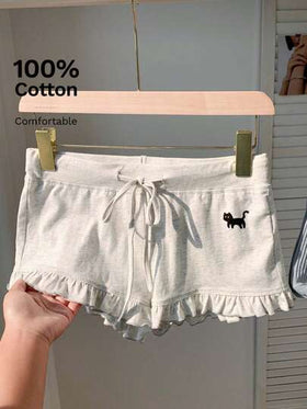 Comfortcana شورت صيفي للنساء مزين بطبعة القطط والكشكشة مع حزام