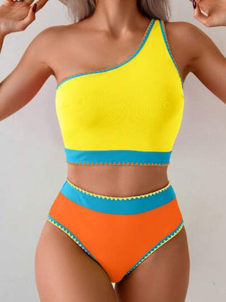طقم تانكيني حريمي Swim Vcay مجموعة ملابس السباحة المكونة من 2 قطعة بلون أومبير متناقض الكتف أحادي والخصر العالي تانكيني