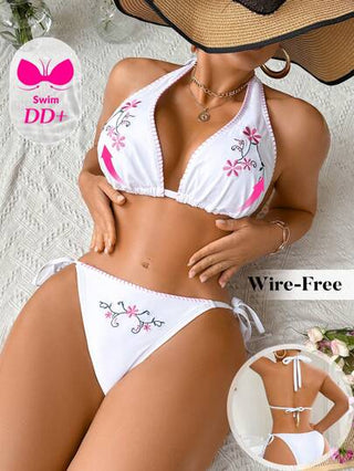 Swim DD+ مجموعة بكيني نسائية مطرزة بزهور مع عنق بطباعة منقطة وسحاب أمامي