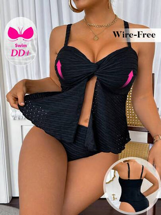 طقم تانكيني حريمي Swim DD+ طقم بكيني مجعد ذو موحد اللون للنساء، بفتحة مفتوحة، ملابس سباحة بطراز كشكش صيفية للشاطئ
