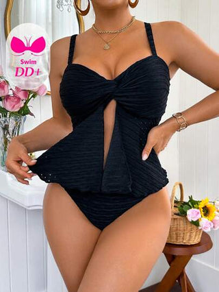 طقم تانكيني حريمي Swim DD+ طقم بكيني مجعد ذو موحد اللون للنساء، بفتحة مفتوحة، ملابس سباحة بطراز كشكش صيفية للشاطئ