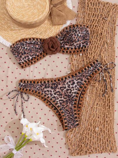 طقم تانكيني حريمي Swim Vcay طقم بدلة سباحة تانكيني للنساء مزين بطباعة نمر وزخرفة نباتية على الكروشيه لموسم الصيف