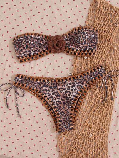 طقم تانكيني حريمي Swim Vcay طقم بدلة سباحة تانكيني للنساء مزين بطباعة نمر وزخرفة نباتية على الكروشيه لموسم الصيف