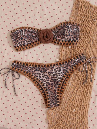 طقم تانكيني حريمي Swim Vcay طقم بدلة سباحة تانكيني للنساء مزين بطباعة نمر وزخرفة نباتية على الكروشيه لموسم الصيف