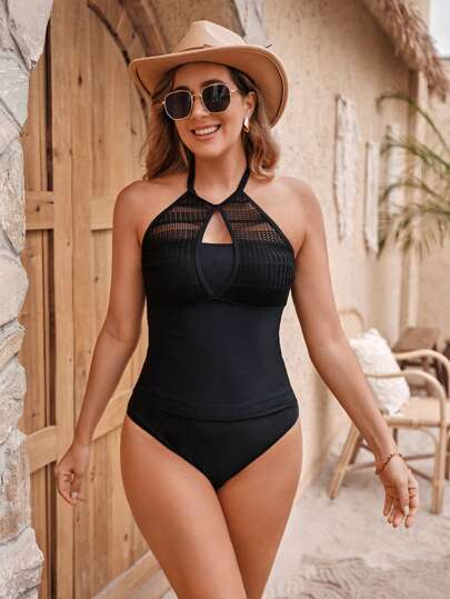 طقم تانكيني حريمي Swim Lushoire مجموعة بقطعتين لملابس السباحة النسائية الصيفية الجديدة، لون سادة بتباين تصميم شبكي منسدل بخصر عالي، مجموعة بكيني محافظ للسيدات الناضجات