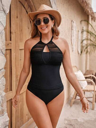 طقم تانكيني حريمي Swim Lushoire مجموعة بقطعتين لملابس السباحة النسائية الصيفية الجديدة، لون سادة بتباين تصميم شبكي منسدل بخصر عالي، مجموعة بكيني محافظ للسيدات الناضجات