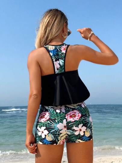 طقم تانكيني حريمي Swim Lushoire 2 قطعة طقم ملابس سباحة أنيق، ملابس علوية بطبعات زهور وأسفل ببنطلون تحتي بطبعات عشوائية، لون أحادي مناسب للصيف