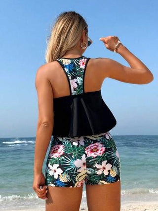 طقم تانكيني حريمي Swim Lushoire 2 قطعة طقم ملابس سباحة أنيق، ملابس علوية بطبعات زهور وأسفل ببنطلون تحتي بطبعات عشوائية، لون أحادي مناسب للصيف