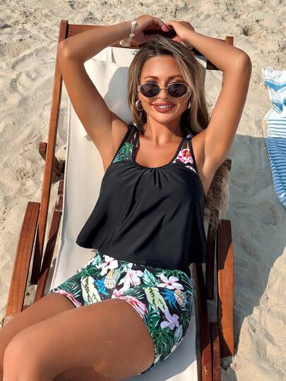 طقم تانكيني حريمي Swim Lushoire 2 قطعة طقم ملابس سباحة أنيق، ملابس علوية بطبعات زهور وأسفل ببنطلون تحتي بطبعات عشوائية، لون أحادي مناسب للصيف