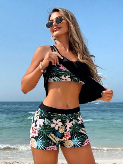 طقم تانكيني حريمي Swim Lushoire 2 قطعة طقم ملابس سباحة أنيق، ملابس علوية بطبعات زهور وأسفل ببنطلون تحتي بطبعات عشوائية، لون أحادي مناسب للصيف