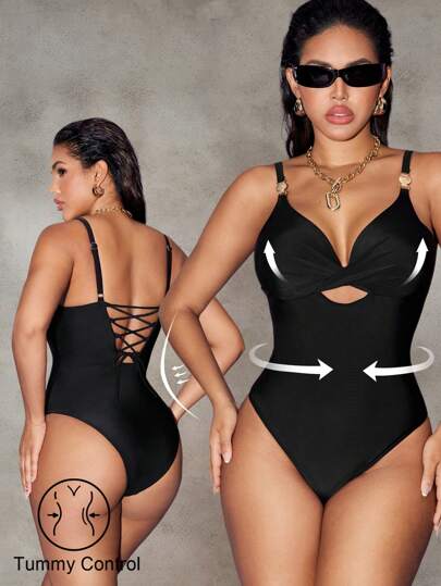 مايوه حريمي قطعة واحدة Shapewave بدلة سباحة كاملة للنساء لموسم الصيف بلون أحادي، قابلة للتعديل بأشرطة ومزينة بديكورات معدنية، أنيقة وجذابة لارتدائها في الشاطئ والحفلات وعيد الحب