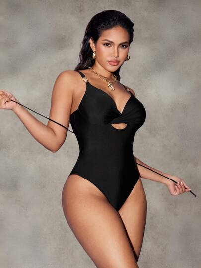 مايوه حريمي قطعة واحدة Shapewave بدلة سباحة كاملة للنساء لموسم الصيف بلون أحادي، قابلة للتعديل بأشرطة ومزينة بديكورات معدنية، أنيقة وجذابة لارتدائها في الشاطئ والحفلات وعيد الحب