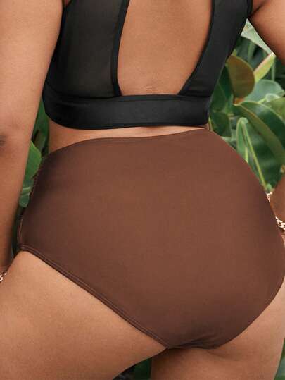 Swim Lushoire قطعة سفلية لأزياء السباحة ذات الخصر العالي ذات اللون الأحادي للنساء كبيرات الحجم