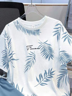 SHEIN مجموعة من 2 قطعة، بلوزة مطبوعة بطبعة الأشكال الاستوائية وسروال بخصر رباط للمراهقين،لارتداء الربيع، ملابس المراهقين الذكور، جواكت الأطفال، العودة للمدرسة في الربيع