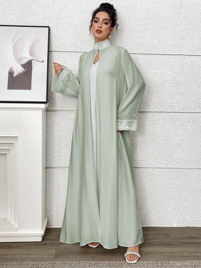 Yasmyna معطف نسائي أنيق على الطراز العربي مزين بأساور مزخرفة بالخرز الصناعي ، عباءة متواضعة ، عباية