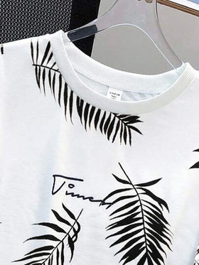 SHEIN مجموعة من قطعتين تي شيرت بطبعة استوائية وشورت بخصر رباط للمراهقين؛ ملابس ربيعية؛ ملابس أولاد المراهقين؛ جواكت أطفال، عودة إلى المدرسة في الربيع